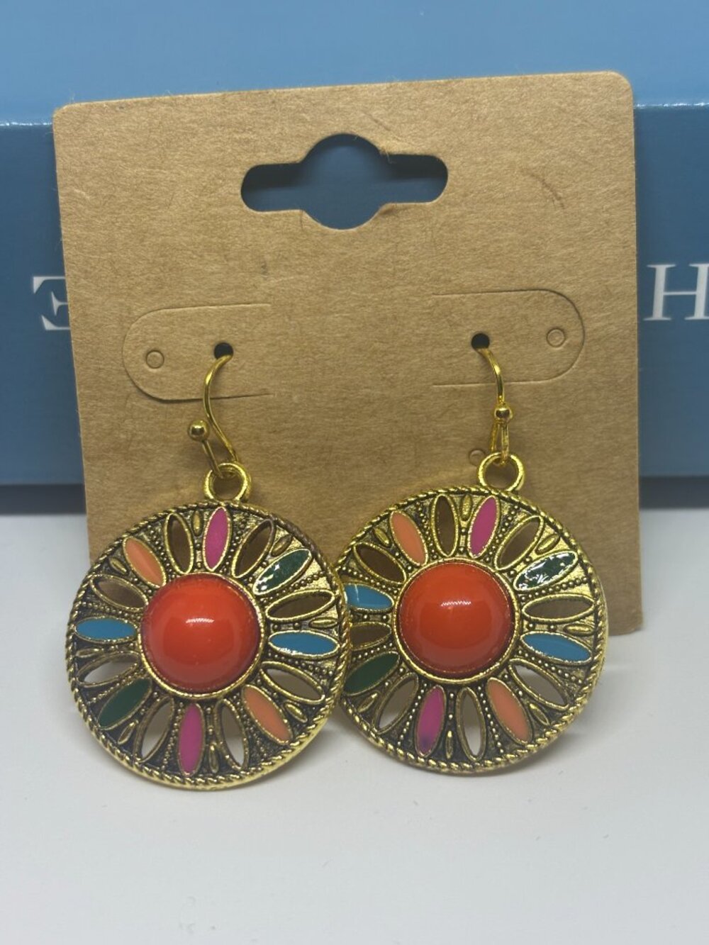 Gold-Tone Multicolor Sunburst Earrings with Orange Center Gold Fish Hook Back